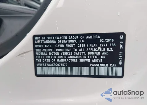 2015 Volkswagen Passat 1.8T Limited Edition из США, поврежденный, VIN 1VWAT7A3XFC076570